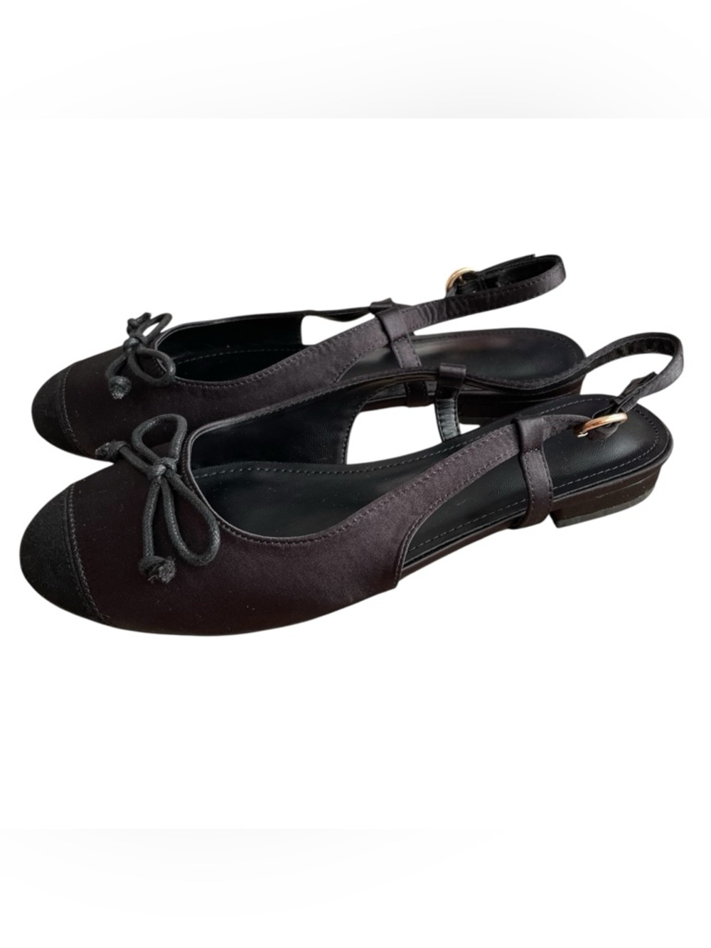 Black Satin Bow Ballet Flats Closed Round Toe Ballerina Slingback Size 8